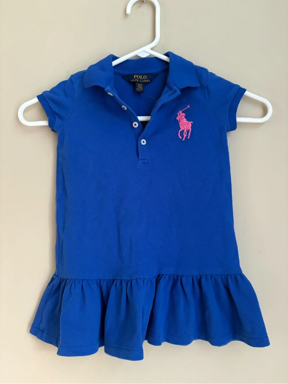 Ralph Lauren Polo Dress Girls 2T Blue Ruffle Hem Side Short Sleeve Cotton